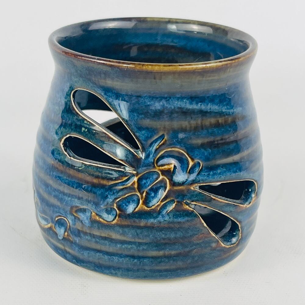 Dragonfly Pottery Blue 3" Candleholder Signed 2022